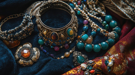 A close-up flat lay of colorful gemstone rings, intricate bangles, and charm necklaces, artfully arranged on a dark velvet cloth.の素材