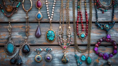 An artistic jewelry collage featuring dangling earrings, gemstone rings, and layered necklaces, displayed on a rustic wooden background.の素材