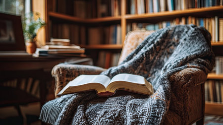 A cozy reading nook in a library with an open book and a warm blanket on a chair, creating a peaceful atmosphere for reading.の素材