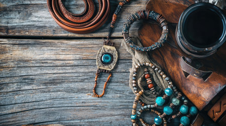 A creative flat lay of handmade leather bracelets, vintage rings, and beaded necklaces, set on a rustic wooden table.の素材