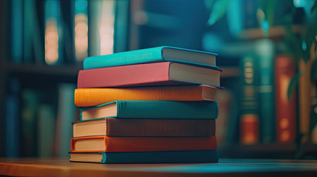 A close-up of a stack of books with colorful covers sitting on a library table, with bookshelves and soft lighting in the background.の素材