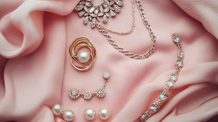 A flat lay of fashion jewelry including mixed metal rings, a statement necklace, and layered anklets, set against a blush pink fabric backdrop.の素材