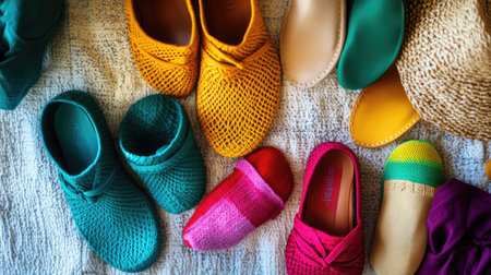 A flat lay of colorful modern espadrilles arranged on a beach towel, capturing vibrant, casual summer fashion.の素材