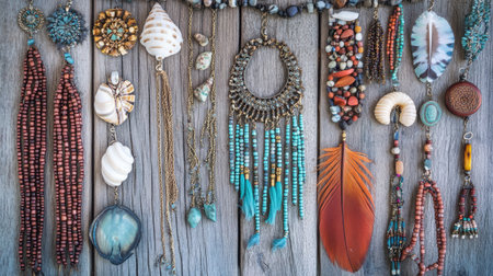A collage of various bohemian-style jewelry pieces, including shell necklaces, feather earrings, and beaded anklets, spread across a natural wood surface.の素材