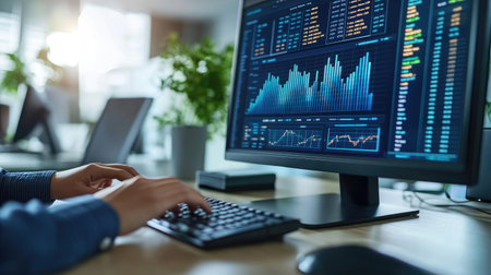 A digital dashboard displaying real-time financial data on a computer screen, with a persons hands typing on a keyboard in a bright, modern office.の素材