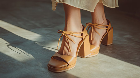A close-up of chic block-heeled sandals with an intricate lace-up design, set on a sleek concrete floor, capturing bold modern footwear trends.の素材