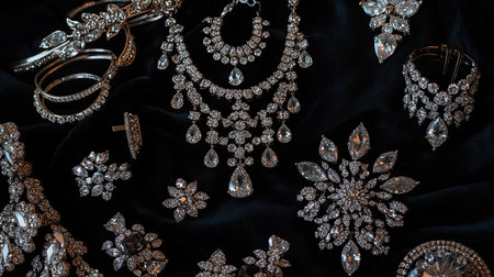 A glamorous flat lay of chandelier earrings, crystal bracelets, and statement rings, set against a black velvet background for a dramatic effect.の素材