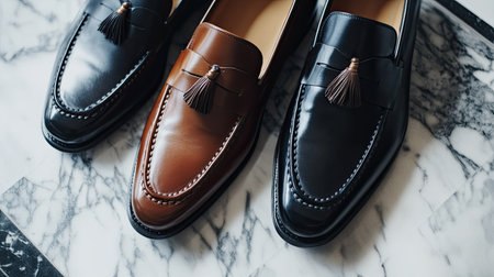 A close-up of stylish leather loafers with tassels, placed on a marble floor, highlighting luxury footwear fashion.の素材