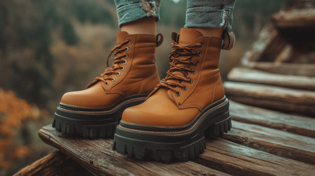 A close-up of a pair of chunky platform boots with bold details, placed on a wooden surface for a fashionable yet rugged look.の素材