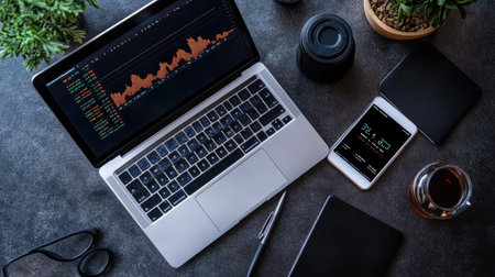 A flat lay of modern business tools including a laptop, smartphone, and tablet, all displaying financial data and stock market trends.の素材