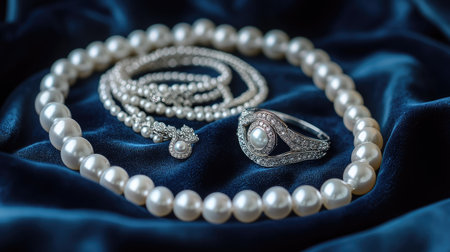 An elegant arrangement of pearl necklaces, diamond earrings, and silver bangles, set against a navy blue velvet fabric.の素材