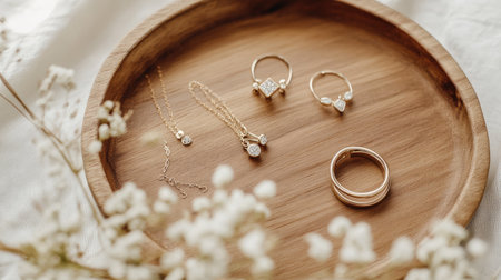 A flat lay of minimalist jewelry including stackable rings, geometric earrings, and dainty necklaces, arranged on a wooden tray.の素材