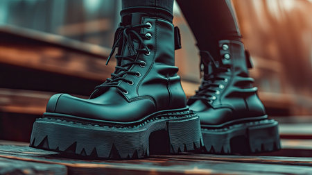 A close-up of a pair of chunky platform boots with bold details, placed on a wooden surface for a fashionable yet rugged look.の素材