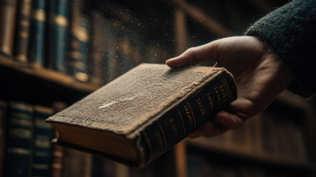 A hand reaching for an old, leather-bound book on a high library shelf, with dust particles floating in the light, creating a nostalgic atmosphere.の素材