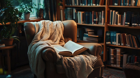 A cozy reading nook in a library with an open book and a warm blanket on a chair, creating a peaceful atmosphere for reading.の素材