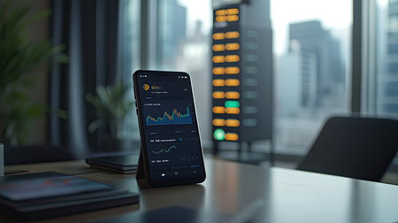A digital wallet interface on a smartphone showing cryptocurrency holdings and real-time market fluctuations, set in a modern office.の素材