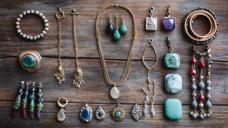 A creative flat lay of various gemstone rings, layered necklaces, and delicate anklets arranged artistically on a wooden surface.の素材