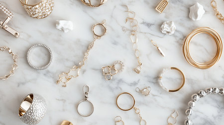 A flat lay of mixed metal rings, charm bracelets, and statement earrings, scattered on a marble table with subtle lighting.の素材
