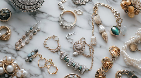 A flat lay of mixed metal rings, charm bracelets, and statement earrings, scattered on a marble table with subtle lighting.の素材