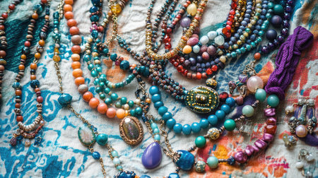 A collage of colorful beaded bracelets and charm necklaces laid out creatively on a textured fabric background, with soft lighting accentuating the details.の素材