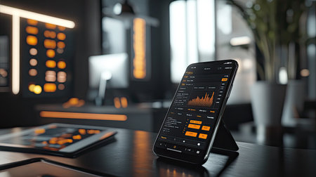 A digital wallet interface on a smartphone showing cryptocurrency holdings and real-time market fluctuations, set in a modern office.の素材