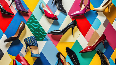 A collection of high-heeled shoes in various styles, arranged in a colorful pattern, showcasing bold modern footwear choices.の素材