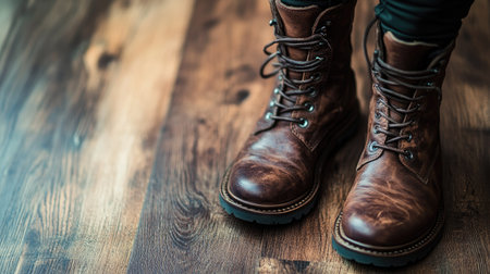 A close-up of bold leather combat boots with intricate detailing, placed on a textured wooden floor for a rugged yet modern look.の素材