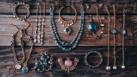 A creative flat lay of various gemstone rings, layered necklaces, and delicate anklets arranged artistically on a wooden surface.の素材
