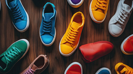 A flat lay of colorful sneakers arranged creatively on a wooden surface, showcasing vibrant streetwear fashion.の素材