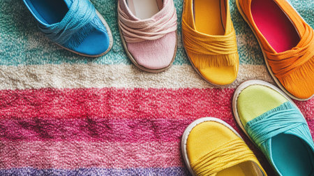 A flat lay of colorful modern espadrilles arranged on a beach towel, capturing vibrant, casual summer fashion.の素材