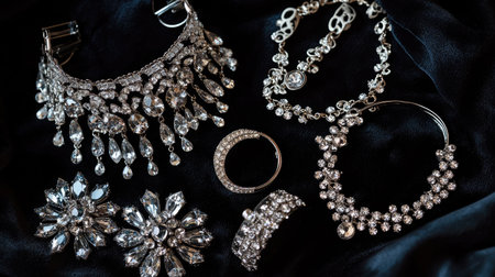 A glamorous flat lay of chandelier earrings, crystal bracelets, and statement rings, set against a black velvet background for a dramatic effect.の素材