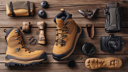 A flat lay of modern hiking boots with rugged soles, paired with travel accessories, placed on a wooden surface.の素材