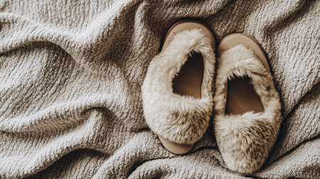A flat lay of stylish modern slippers with fur lining, placed on a soft textured fabric, representing cozy footwear fashion.の素材