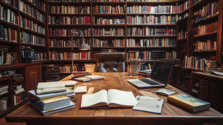 A large wooden library table with open books, notebooks, and a laptop, set against a backdrop of towering shelves filled with books.の素材