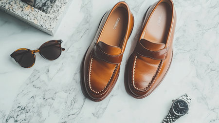 A flat lay of designer leather loafers, paired with accessories like sunglasses and a watch, arranged on a marble surface.の素材