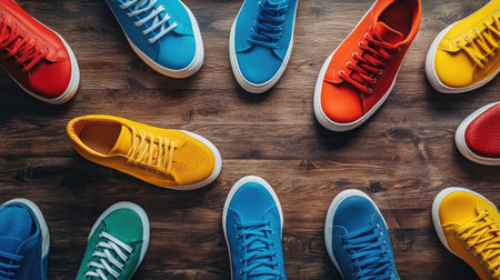 A flat lay of colorful sneakers arranged creatively on a wooden surface, showcasing vibrant streetwear fashion.の素材