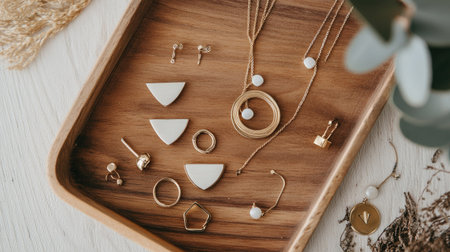A flat lay of minimalist jewelry including stackable rings, geometric earrings, and dainty necklaces, arranged on a wooden tray.の素材