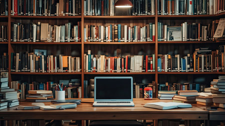 A large wooden library table with open books, notebooks, and a laptop, set against a backdrop of towering shelves filled with books.の素材