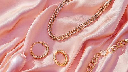 A flat lay of fashion jewelry including mixed metal rings, a statement necklace, and layered anklets, set against a blush pink fabric backdrop.の素材