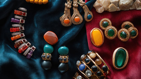 A collage of bold statement earrings, chunky bracelets, and colorful gemstone rings on a velvet cloth, with a mix of textures and shapes.の素材