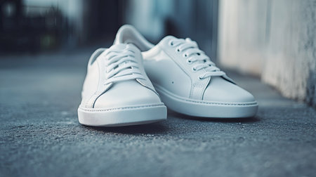 A close-up of sleek white sneakers with minimalist design, placed on a concrete floor, capturing modern urban footwear style.の素材