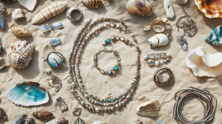A flat lay of boho-style jewelry including beaded bracelets, shell necklaces, and silver rings, scattered on a textured sandy surface.の素材