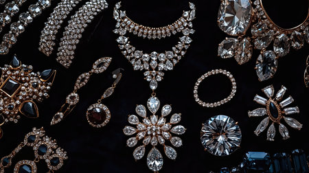 A glamorous flat lay of chandelier earrings, crystal bracelets, and statement rings, set against a black velvet background for a dramatic effect.の素材