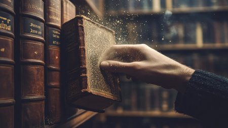 A hand reaching for an old, leather-bound book on a high library shelf, with dust particles floating in the light, creating a nostalgic atmosphere.の素材