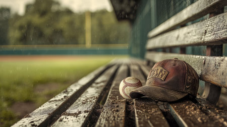 A baseball cap, mitt, and ball placed on a bench next to a dugout, with a field in the background.の素材