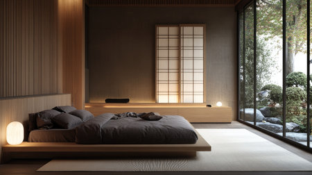 A bedroom with a minimalist Japanese aesthetic, featuring a futon-style bed, shoji screens, and natural wood elements.の素材