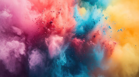 A bright explosion of multicolored powder suspended in the air, forming an abstract cloud of color in motion.の素材