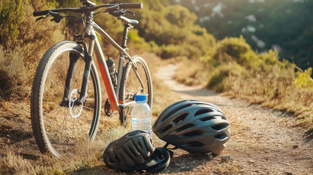 A bicycle helmet, gloves, and water bottle arranged next to a mountain bike parked on a trail.の素材