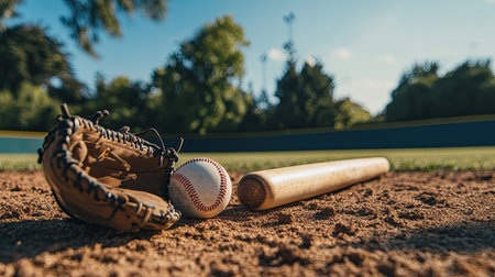 A baseball bat, glove, and ball placed on the field near the pitcher's mound under a clear sky.の素材