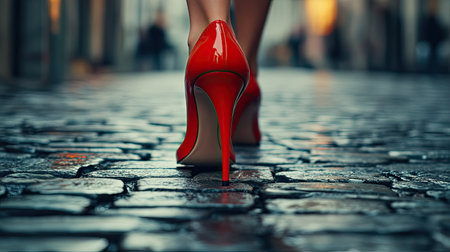 A close-up of a woman's red stiletto heels walking down a cobblestone street, emphasizing the bold fashion choice.の素材